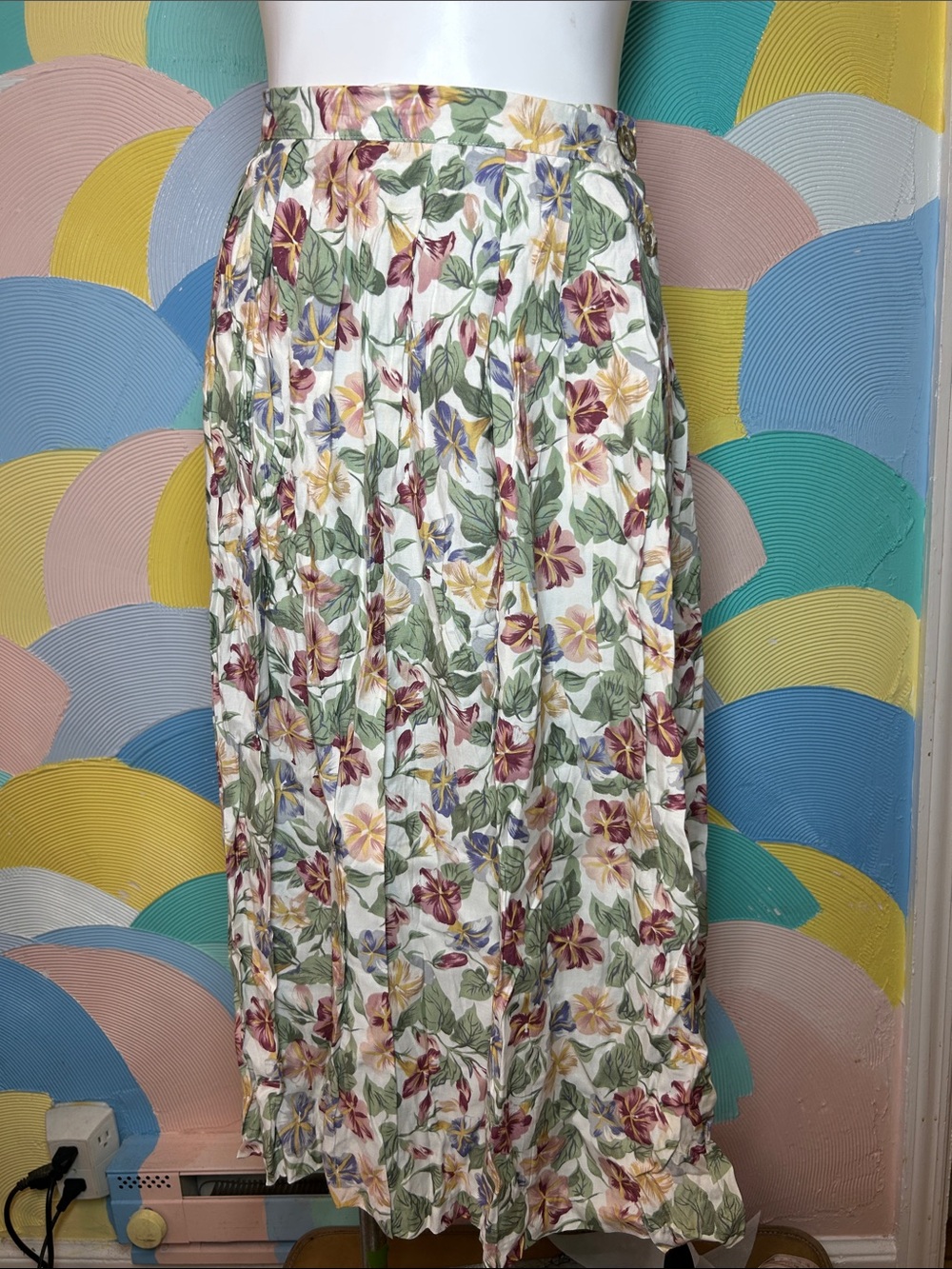 Sara Michelle Floral Pleated Midi Skirt - White with Green & Multicolor Floral